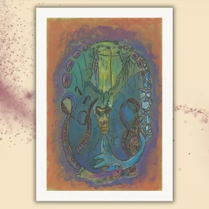 Abstraktes Kunstwerk "Erwachen" als A4 Kunstdruck ohne Rahmen mit weißem Rand. Unterwasserwelt mit Krake, Wal und Sonnenstrahlen als Symbol für inneren Kampf.