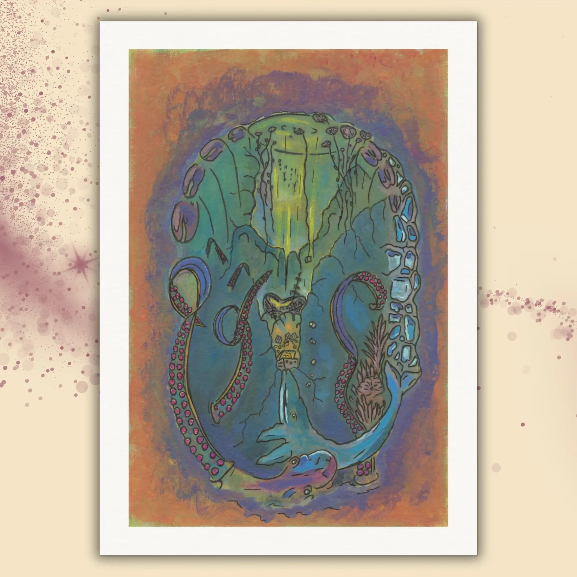 Abstraktes Kunstwerk "Erwachen" als A4 Kunstdruck ohne Rahmen mit weißem Rand. Unterwasserwelt mit Krake, Wal und Sonnenstrahlen als Symbol für inneren Kampf.