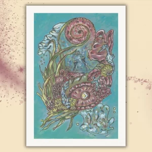 Abstraktes Kunstwerk "Essenz" als A4 Kunstdruck ohne Rahmen mit weißem Rand. Stille Unterwasserwelt mit geöffneter Muschel und Perle als Symbol für die verborgene Essenz des Menschen.