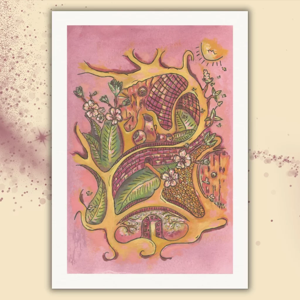 Abstraktes Kunstwerk "Lebensfluss" als A4 Kunstdruck ohne Rahmen mit weißem Rand. Harmonisches Spiel aus Blüten, Bienen, fließenden Linien, abstrakten Blättern und drei Türen – Symbol für Lebensfluss, inneren Wandel und Geduld der Seele.