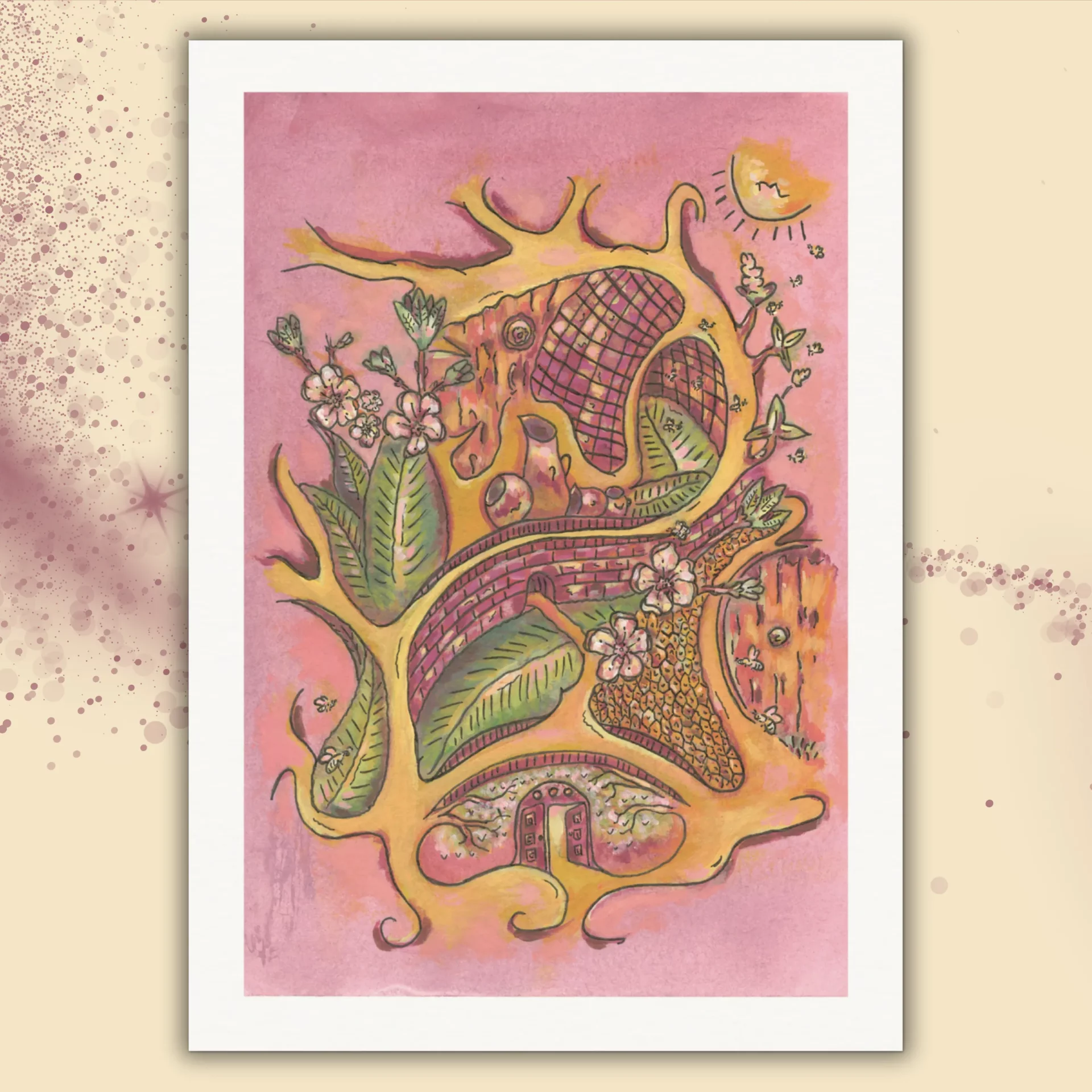 Abstraktes Kunstwerk "Lebensfluss" als A4 Kunstdruck ohne Rahmen mit weißem Rand. Harmonisches Spiel aus Blüten, Bienen, fließenden Linien, abstrakten Blättern und drei Türen – Symbol für Lebensfluss, inneren Wandel und Geduld der Seele.