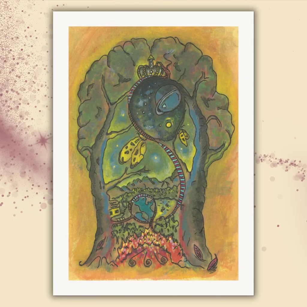 Abstraktes Kunstwerk "Lichtband" als A4 Kunstdruck ohne Rahmen mit weißem Rand. Zwei Bäume umrahmen ein schwebendes Universum, am Fuß brennt ein lebendiges Feuer. Ein leuchtendes Lichtband verbindet Erde, Landschaft und Himmel als Symbol für die tiefe Verbundenheit der Seele.