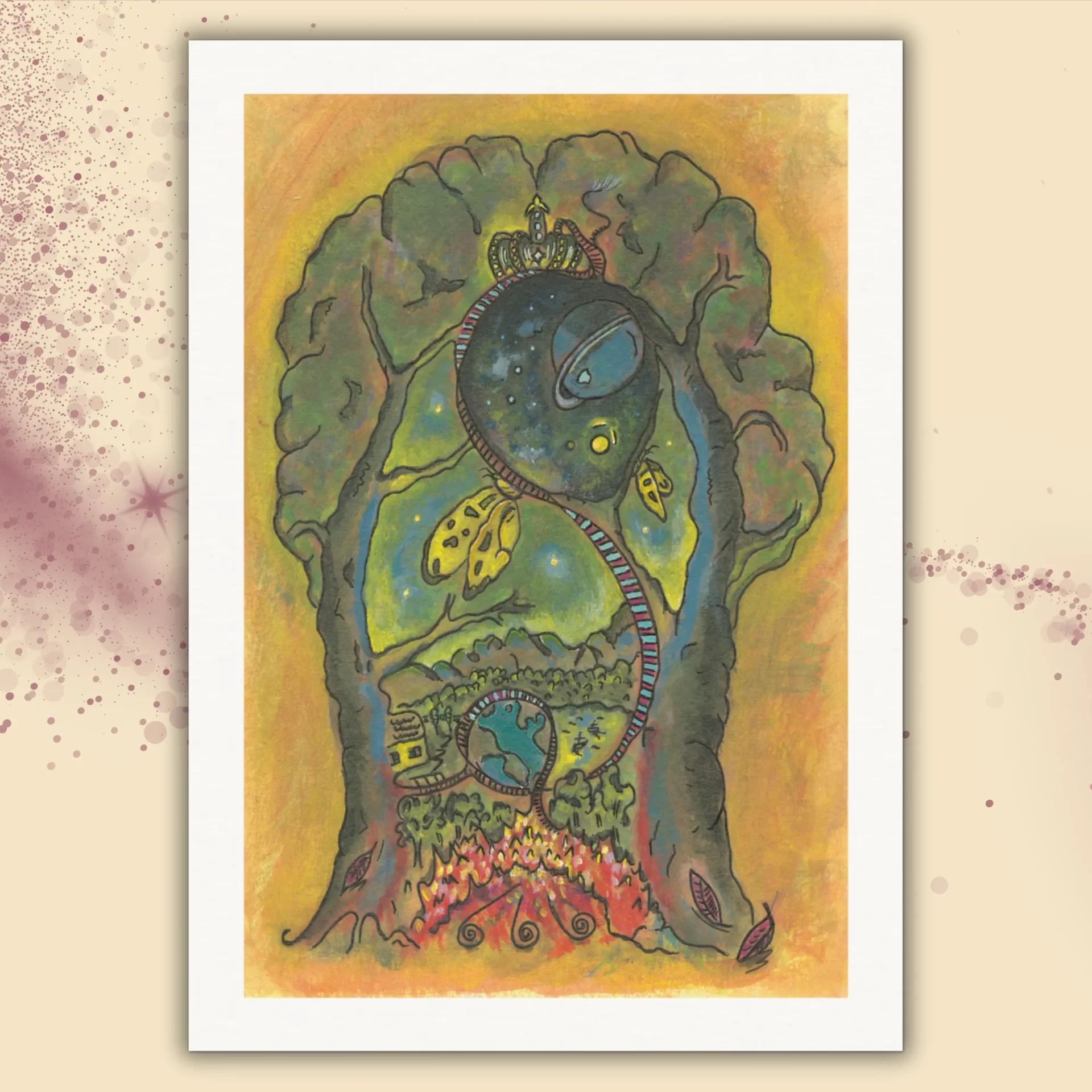 Abstraktes Kunstwerk "Lichtband" als A4 Kunstdruck ohne Rahmen mit weißem Rand. Zwei Bäume umrahmen ein schwebendes Universum, am Fuß brennt ein lebendiges Feuer. Ein leuchtendes Lichtband verbindet Erde, Landschaft und Himmel als Symbol für die tiefe Verbundenheit der Seele.