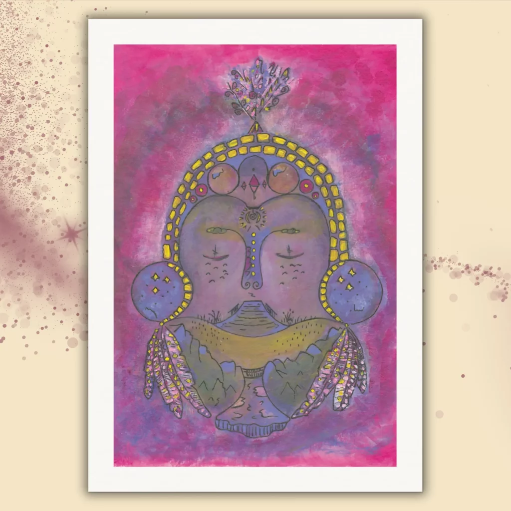 Abstraktes Kunstwerk "Meditation" als A4 Kunstdruck ohne Rahmen mit weißem Rand. Ein Gesicht offenbart die ganze Landschaft der Seele: Augen wie Boote, Sommersprossen wie Wellen, Ohrringe wie das Universum – ein Werk voller Stille, Tiefe und innerer Weite.