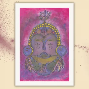 Abstraktes Kunstwerk "Meditation" als A4 Kunstdruck ohne Rahmen mit weißem Rand. Ein Gesicht offenbart die ganze Landschaft der Seele: Augen wie Boote, Sommersprossen wie Wellen, Ohrringe wie das Universum – ein Werk voller Stille, Tiefe und innerer Weite.