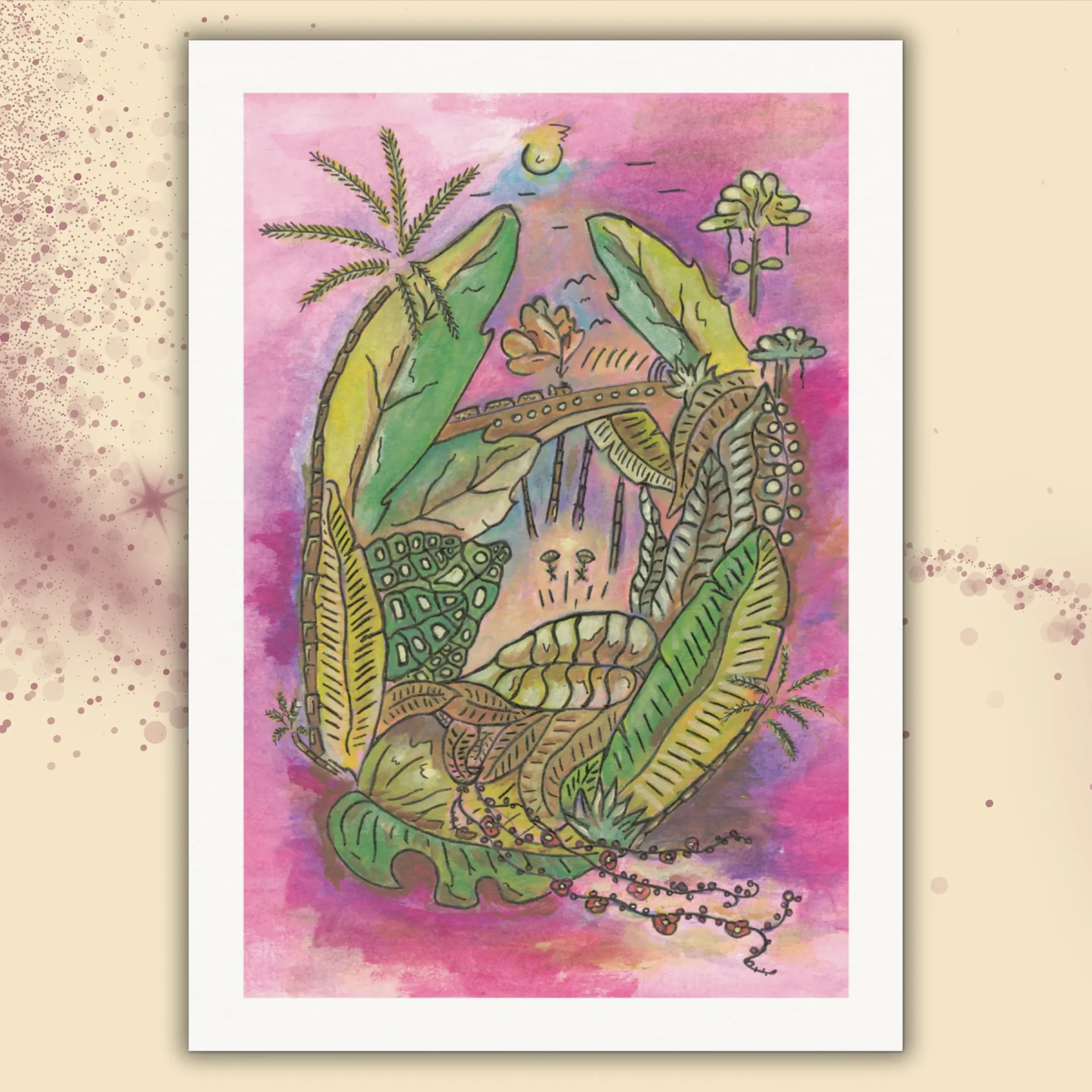 Abstraktes Kunstwerk "Mutsprung" als A4 Kunstdruck ohne Rahmen mit weißem Rand. Lebendige Blätter, eine Brücke des Gewohnten und zwei Menschen, die den Sprung wagen – eine Einladung, den sicheren Alltag zu verlassen und dem eigenen seelischen Ruf ins Ungewisse zu folgen.