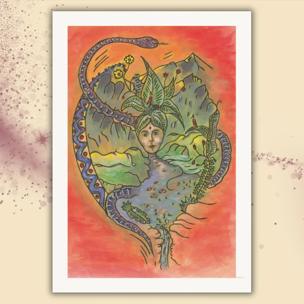 Abstraktes Kunstwerk "Regeneration" als A4 Kunstdruck ohne Rahmen mit weißem Rand. Symbolisch dargestellt sind eine sich windende Schlange, ein Gesicht eingerahmt von Bergen, ein Nest mit Vogel und ein Fluss, der zur Quelle innerer Reinigung wird.