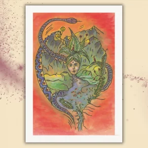 Abstraktes Kunstwerk "Regeneration" als A4 Kunstdruck ohne Rahmen mit weißem Rand. Symbolisch dargestellt sind eine sich windende Schlange, ein Gesicht eingerahmt von Bergen, ein Nest mit Vogel und ein Fluss, der zur Quelle innerer Reinigung wird.