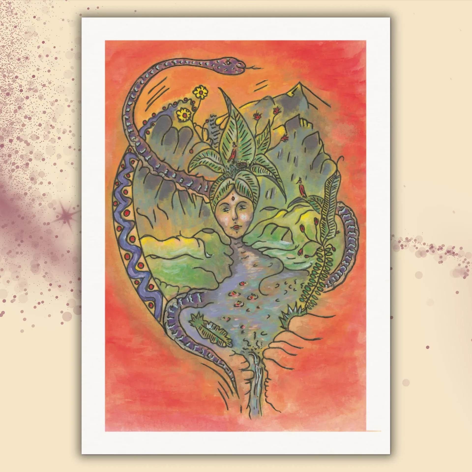 Abstraktes Kunstwerk "Regeneration" als A4 Kunstdruck ohne Rahmen mit weißem Rand. Symbolisch dargestellt sind eine sich windende Schlange, ein Gesicht eingerahmt von Bergen, ein Nest mit Vogel und ein Fluss, der zur Quelle innerer Reinigung wird.