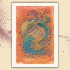 Abstraktes Kunstwerk "Seelenozean" als A4 Kunstdruck ohne Rahmen mit weißem Rand. Darstellung von Delfin und Wal, die im Ozean des Seins tanzen, sowie einem See, der mit der Bewegung verschmilzt – Symbol für Verbundenheit, Leichtigkeit und innere Weite.