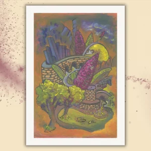 Abstraktes Kunstwerk "Verwandlung" als A4 Kunstdruck ohne Rahmen mit weißem Rand. Zeigt den Weg von der engen, steinernen Stadt in die friedvolle Weite der Natur. Flüsse, Unterführungen und eine Friedenstaube symbolisieren den Übergang zur inneren Freiheit und Regeneration der Seele.