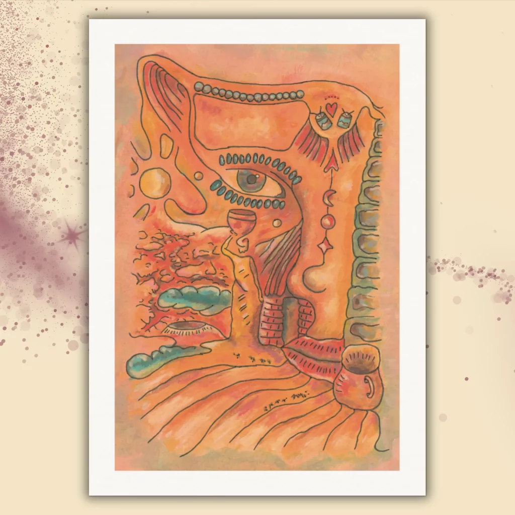 Abstraktes Kunstwerk "Zwischenwelt" als A4 Kunstdruck ohne Rahmen mit weißem Rand. Zeigt eine geheimnisvolle Wüstenlandschaft, eine Frau mit Topf, eine Hütte und ein rätselhaftes Fabelwesen im Himmel. Symbolisiert die Verbindung von irdischer Wirklichkeit und seelischer Zwischenwelt.