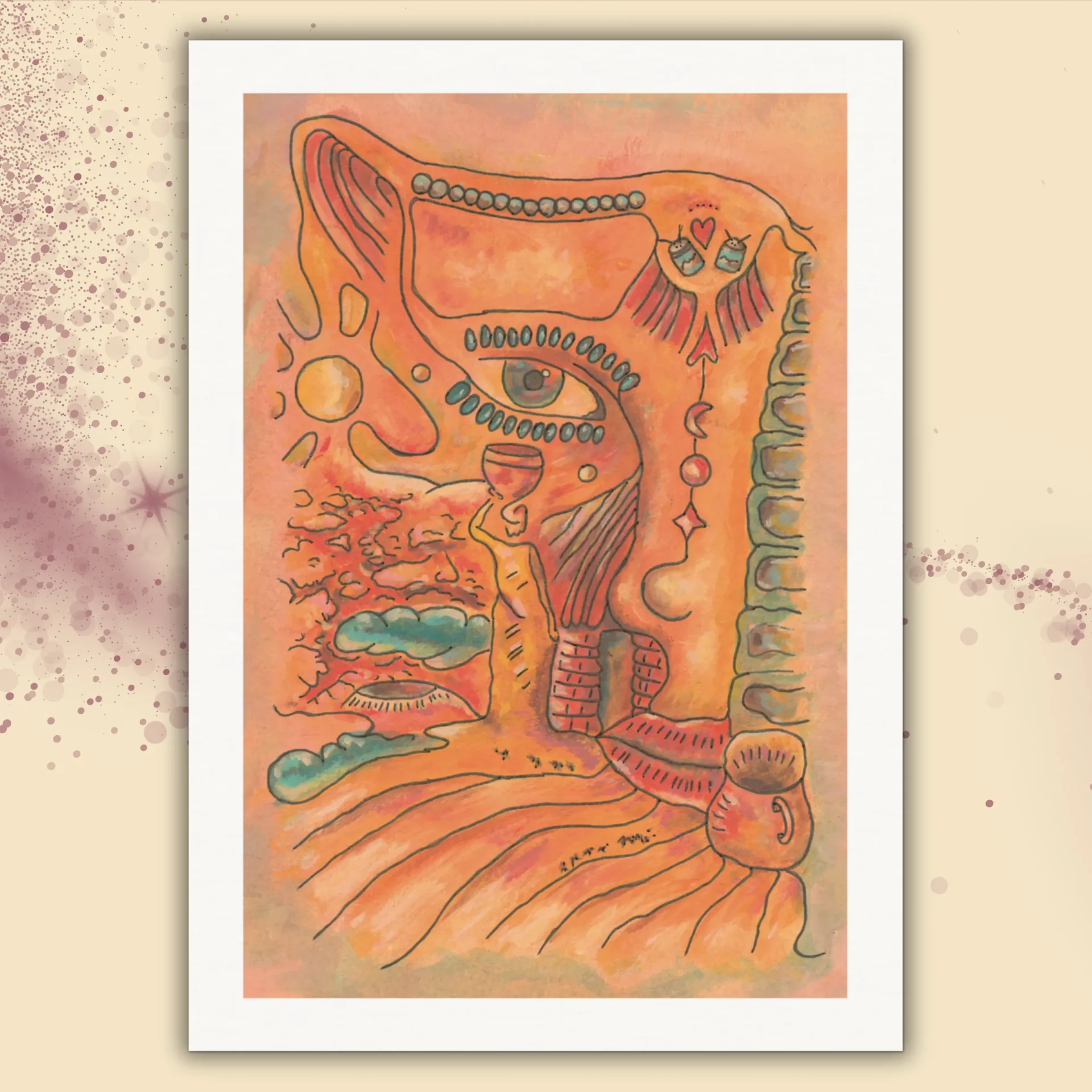 Abstraktes Kunstwerk "Zwischenwelt" als A4 Kunstdruck ohne Rahmen mit weißem Rand. Zeigt eine geheimnisvolle Wüstenlandschaft, eine Frau mit Topf, eine Hütte und ein rätselhaftes Fabelwesen im Himmel. Symbolisiert die Verbindung von irdischer Wirklichkeit und seelischer Zwischenwelt.