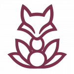 Abstraktes, minimalistisches Icon eines Fuchses, der stilisiert über einer Lotusblume