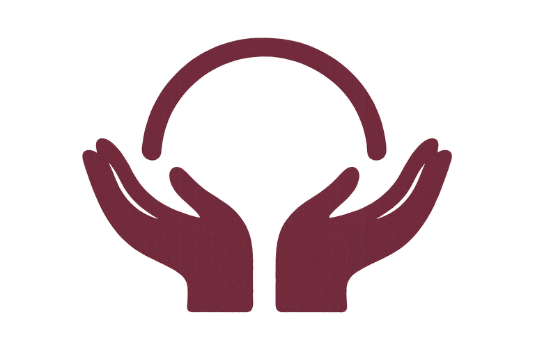 Abstraktes Icon mit zwei stilisierten Händen und einer geschwungenen Linie, die eine Schale bildet, in dunkelviolett, klar und symmetrisch gestaltet. Symbolisiert Fürsorge, Aufnahme und Balance.