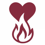 Abstraktes Icon eines Herzens mit stilisiertem Feuer im unteren Teil, in dunkelviolett, klar und symmetrisch gestaltet, symbolisiert Herz, Wärme und Leidenschaft.