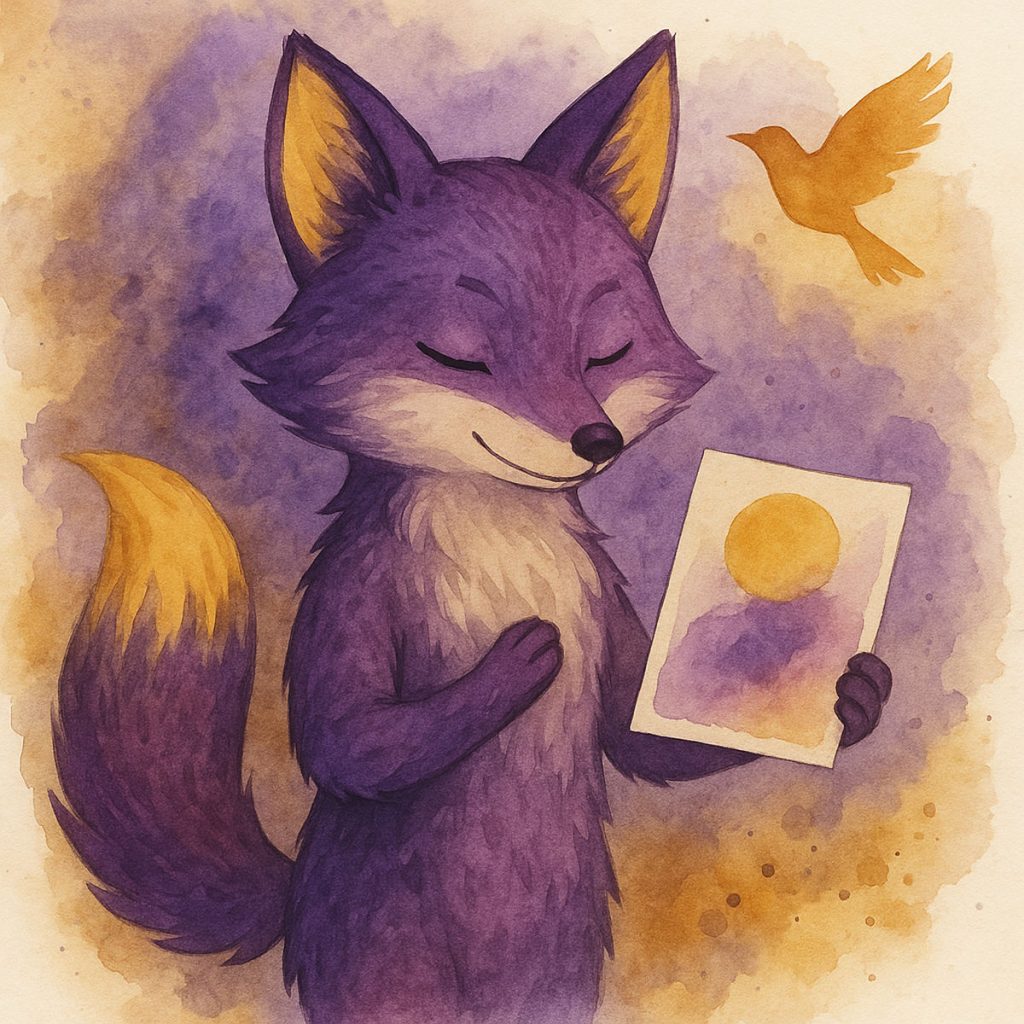 Abstraktes Bild eines Fuchses, der ein Bild in der Hand hält