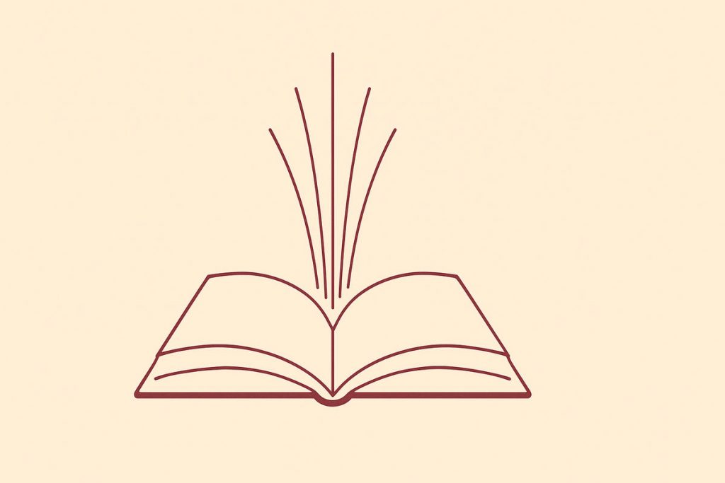 Minimalistisches Blog-Hauptbild: aufgeklapptes Buch mit feinen Lichtstrahlen in Weinrot auf beigem Hintergrund – Symbol für Seele, Inspiration und Gedankenfluss